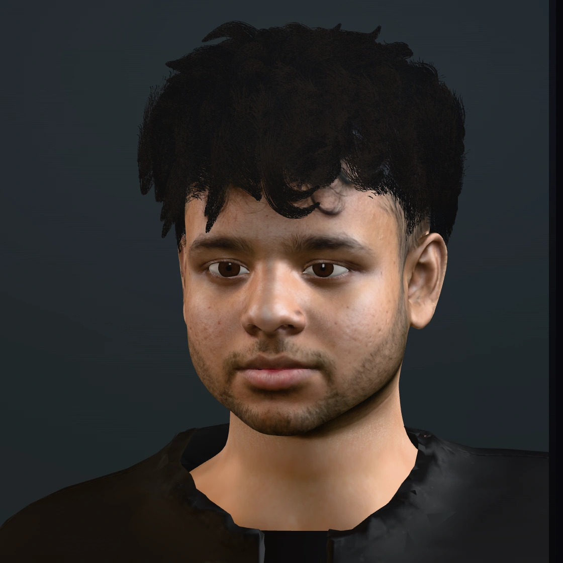 Akshat — 3D avatar render of a young man with dark curly hair, in a black jacket