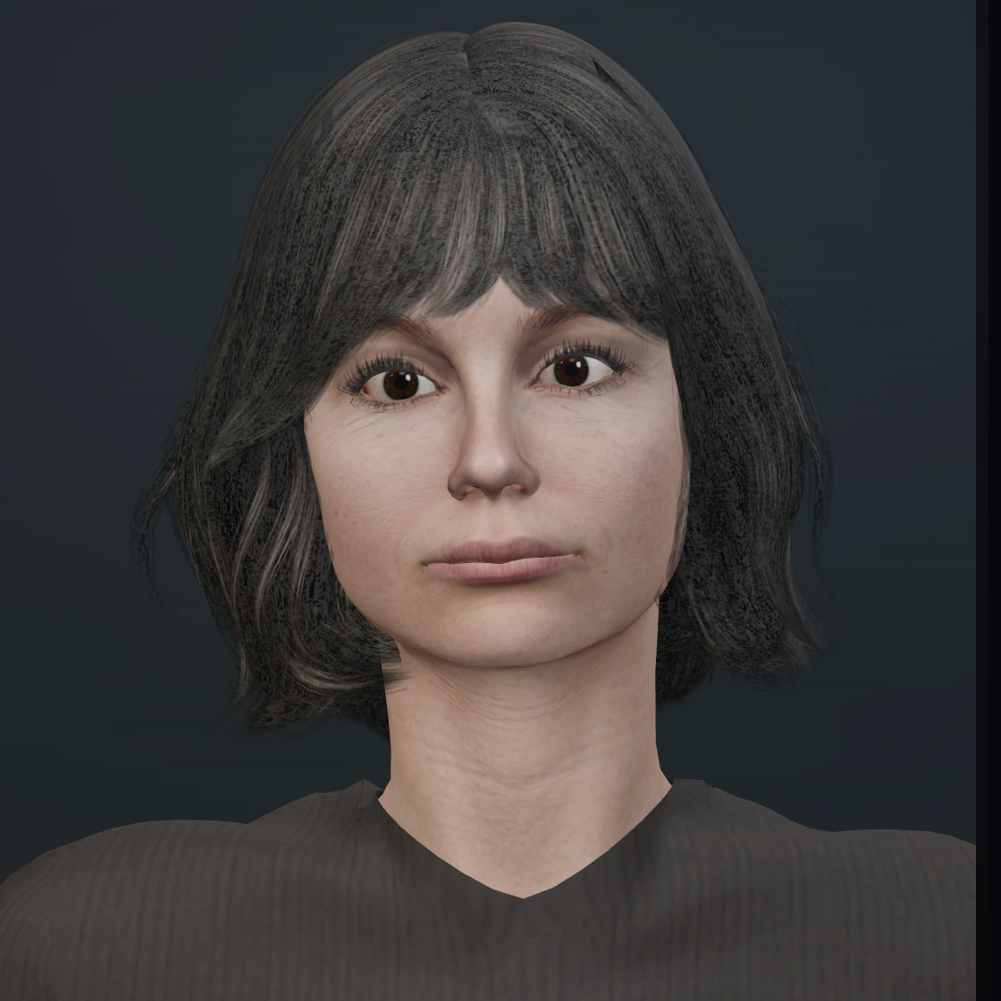 Janice — 3D avatar render of a woman with a dark bob hairstyle and a charcoal outfit