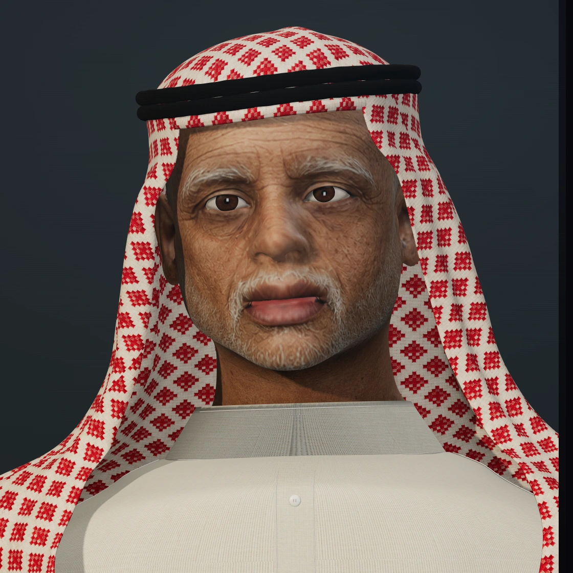 Ziad — 3D avatar render of an older man with a white beard, red-and-white shemagh, black agal and ivory thobe