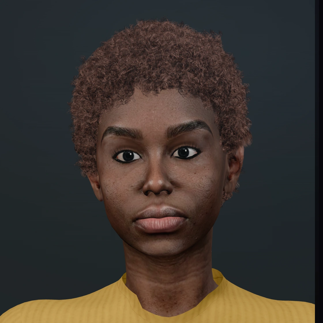 Zuri — 3D avatar render of a woman with short curly hair and a yellow sweater